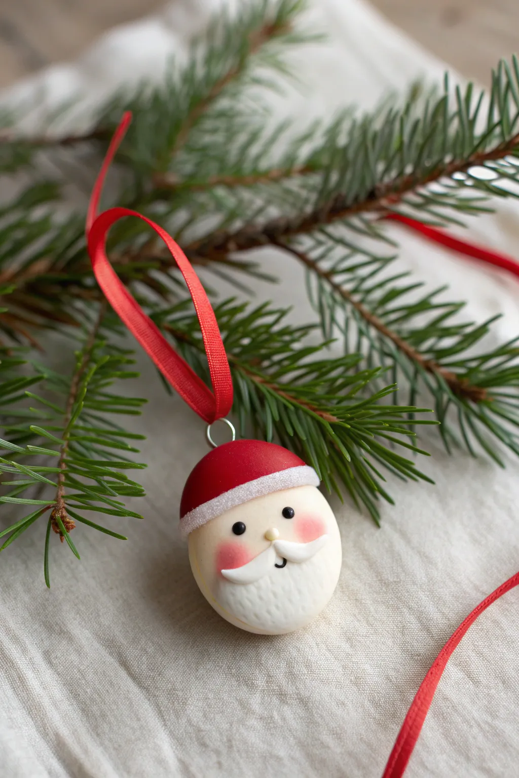 Minimalist polymer clay Santa face ornament on a pine branch for a cozy Nordic Christmas feel