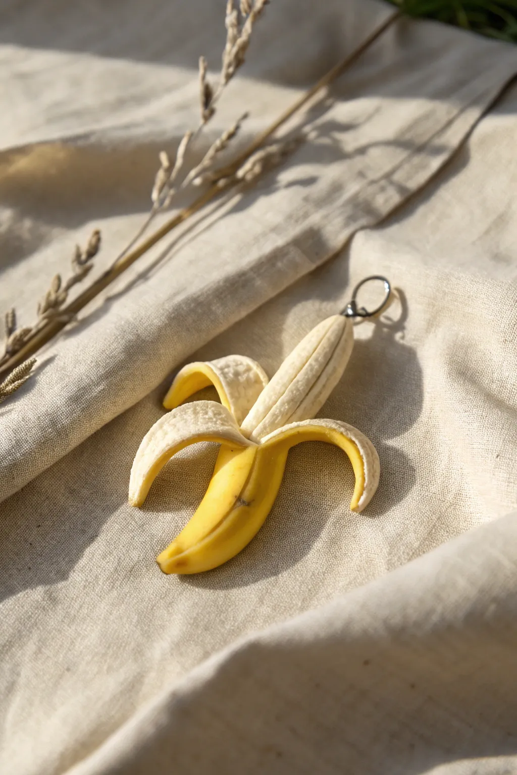 Minimal peeled banana clay pendant in sunny yellow, styled on linen for cozy Nordic-boho vibes