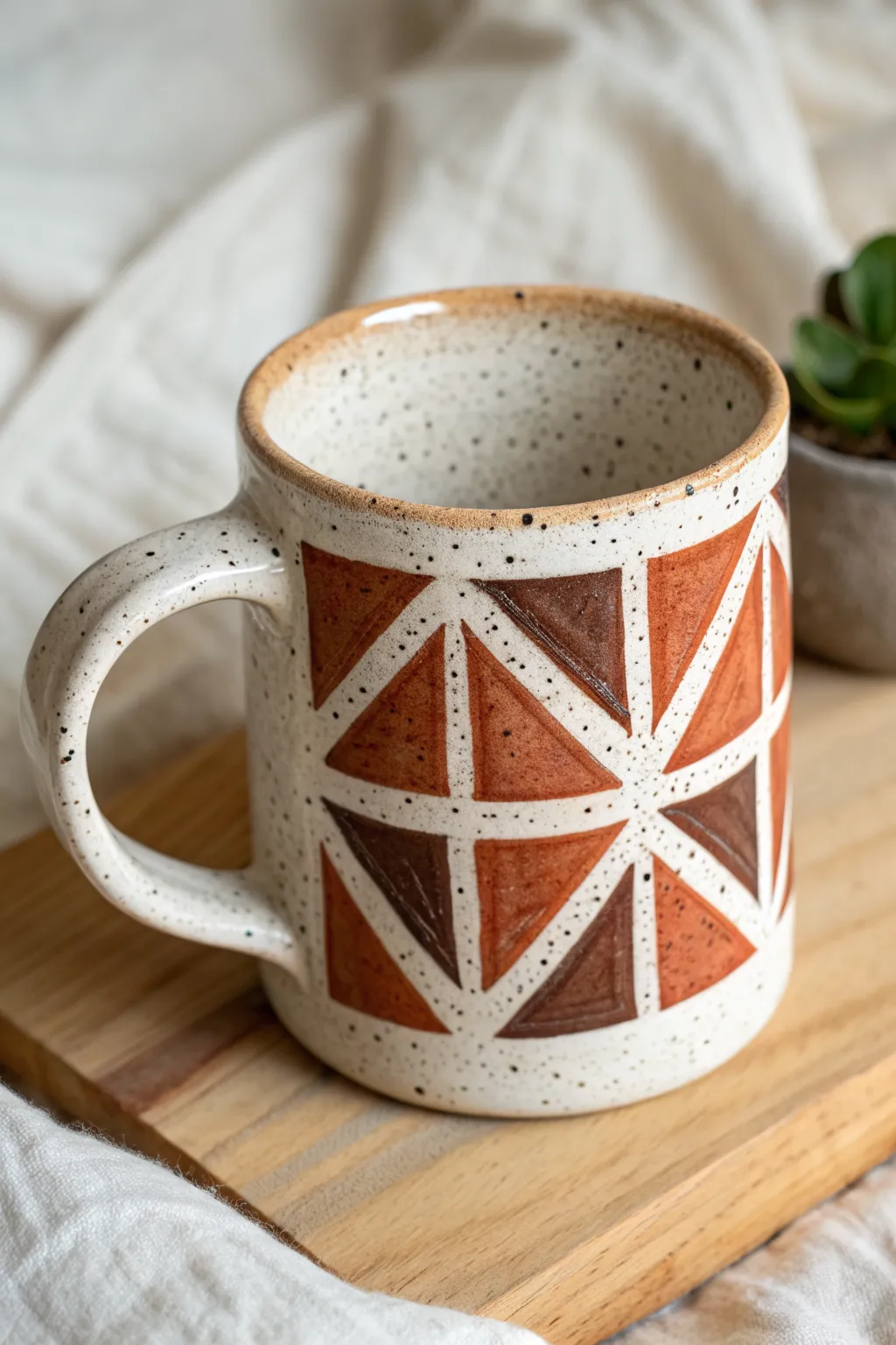 Crisp tape-resist angles on a handmade mug, bold contrast and clean negative space.