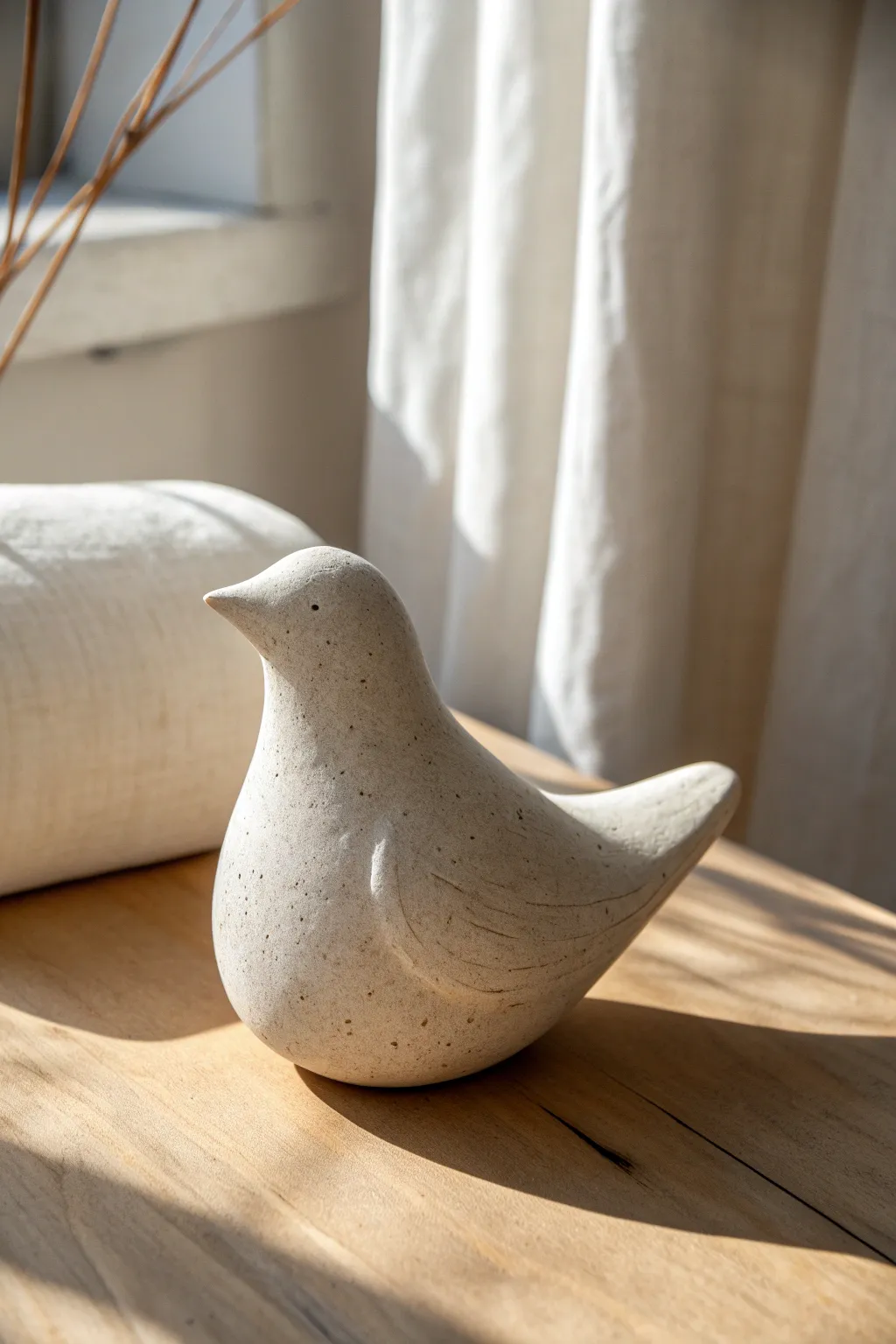 An elegant S-curve clay bird in matte stoneware, minimal yet expressive with soft Nordic calm.