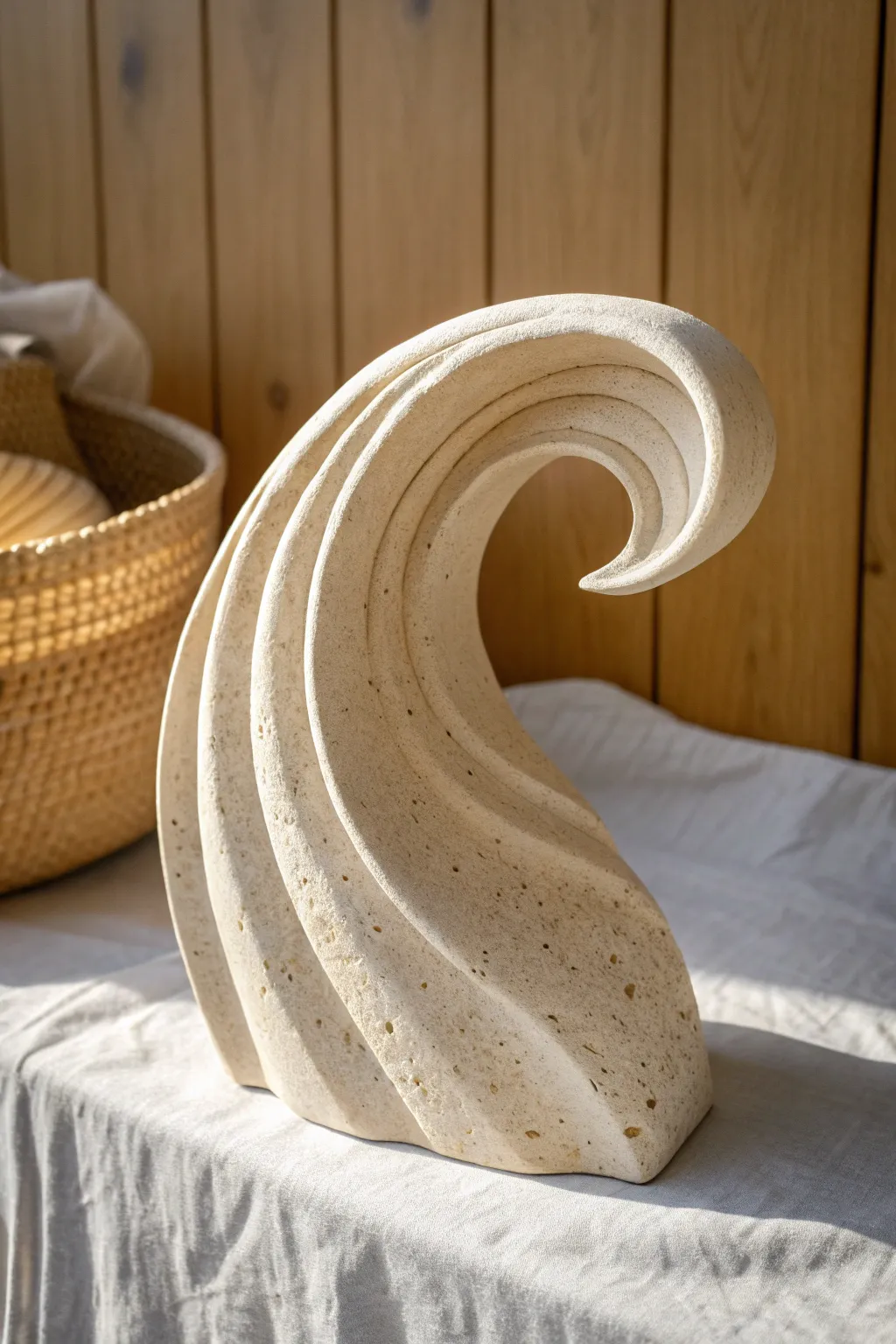 Minimal wave-fold clay sculpture with a smooth swoop and tucked curve, calm and striking