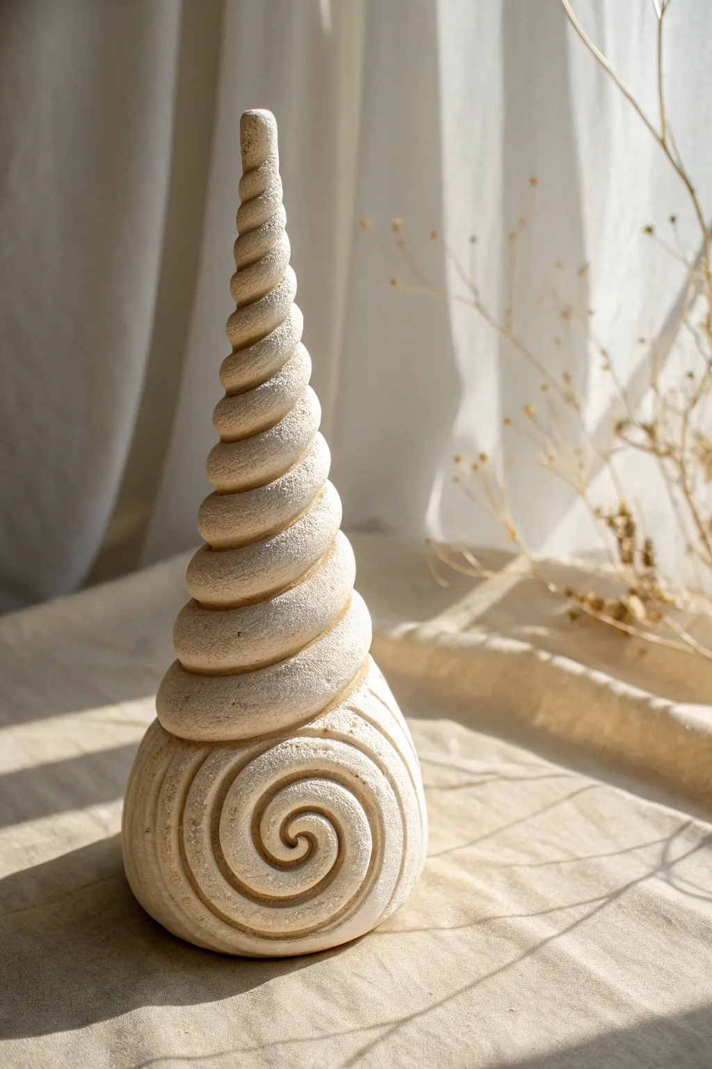 Minimal spiral coil monument in matte stoneware, subtle texture lines and calm Scandinavian contrast.