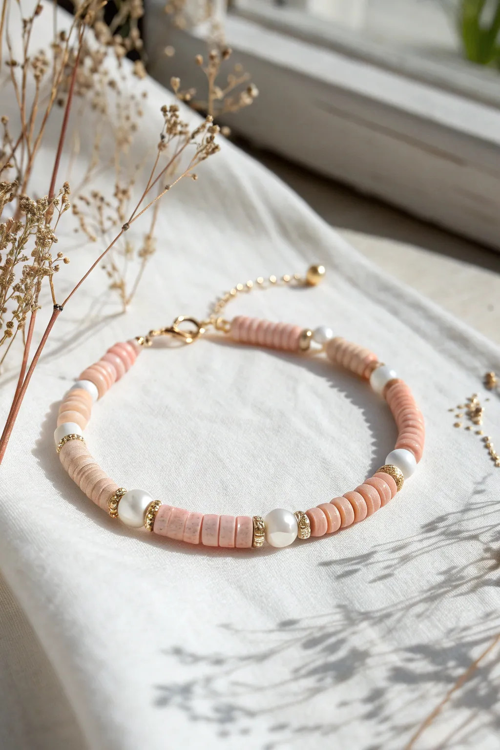 Soft heishi bracelet with tiny pearl accents for an effortless minimalist boho look.