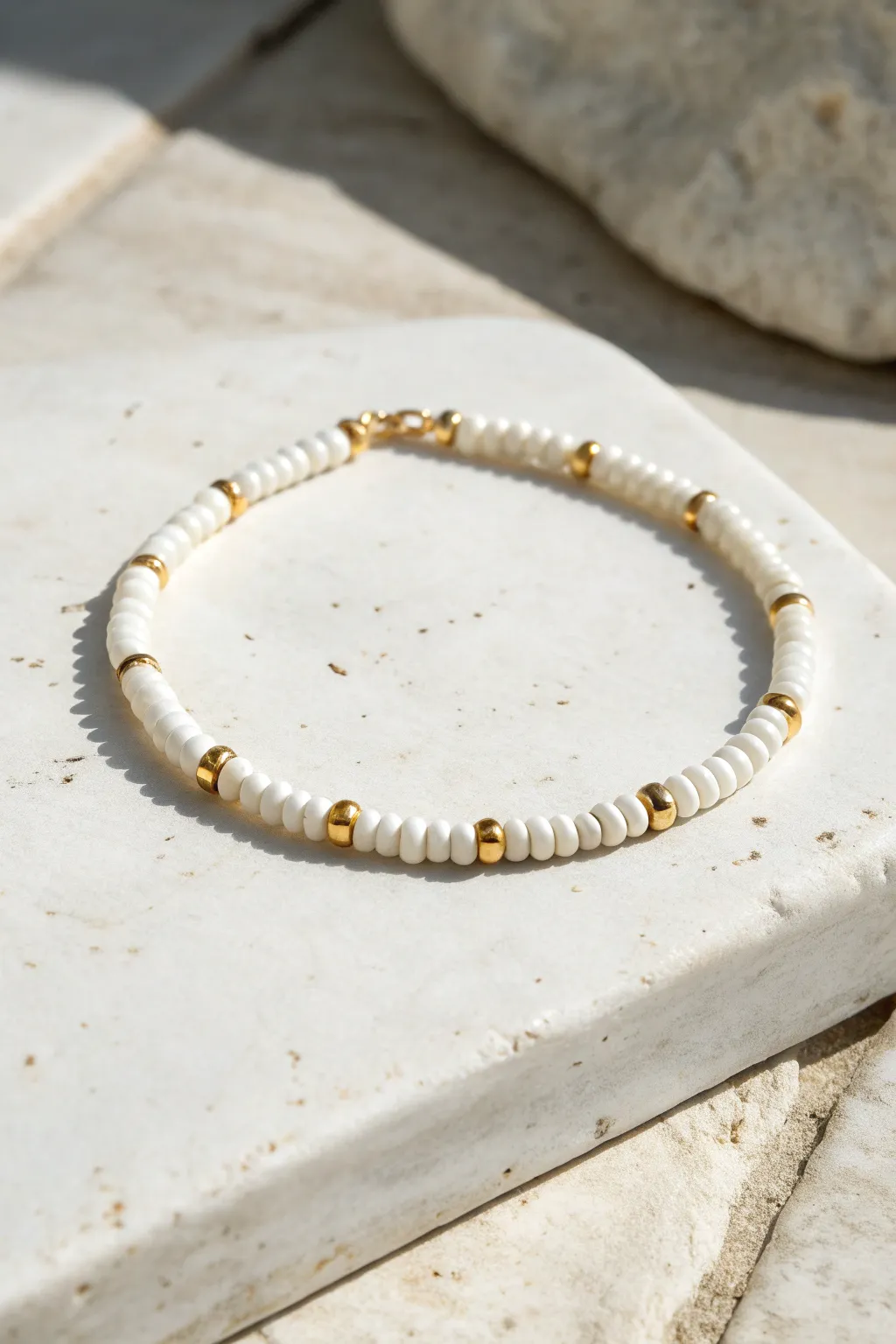 White heishi clay beads with gold spacers for a clean, minimal luxe bracelet on stone