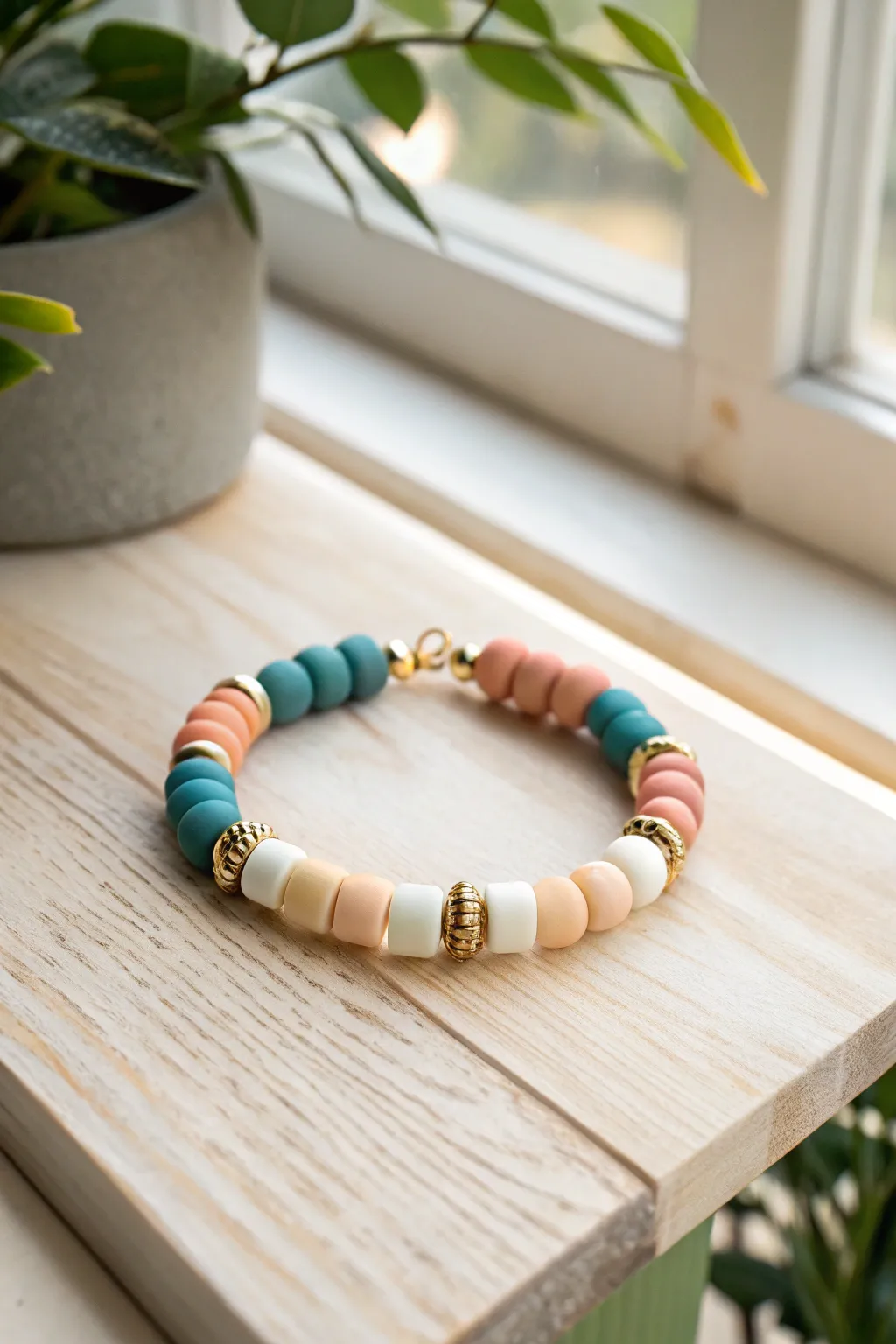 Bold color-block clay bracelet with gold spacers on pale wood in bright, sunny minimal style
