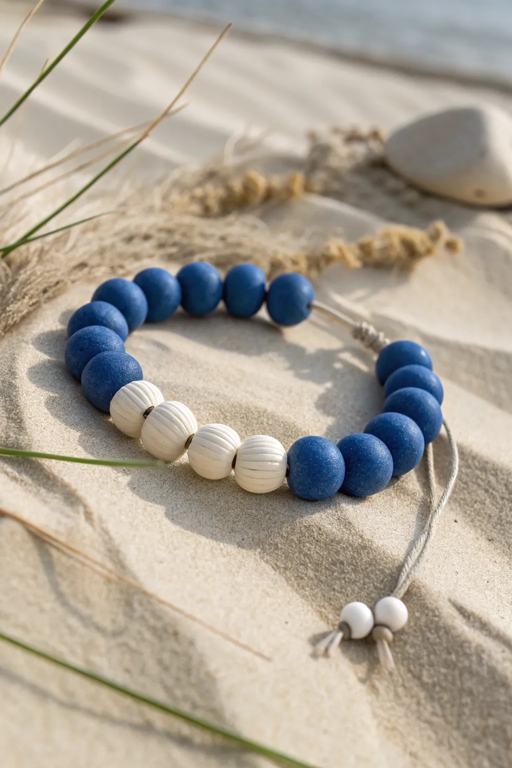 Blue-and-white stripe clay bead bracelet loop on sandy linen, minimalist boho contrast.