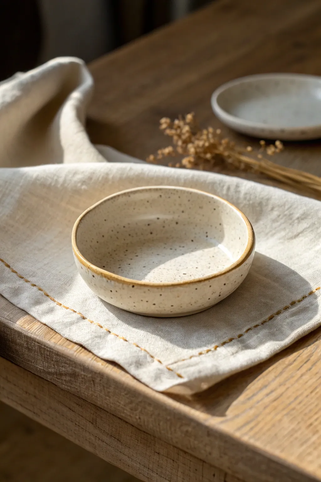 A petite clay ring dish with a delicate gold rim for effortless, cozy Scandinavian luxe.