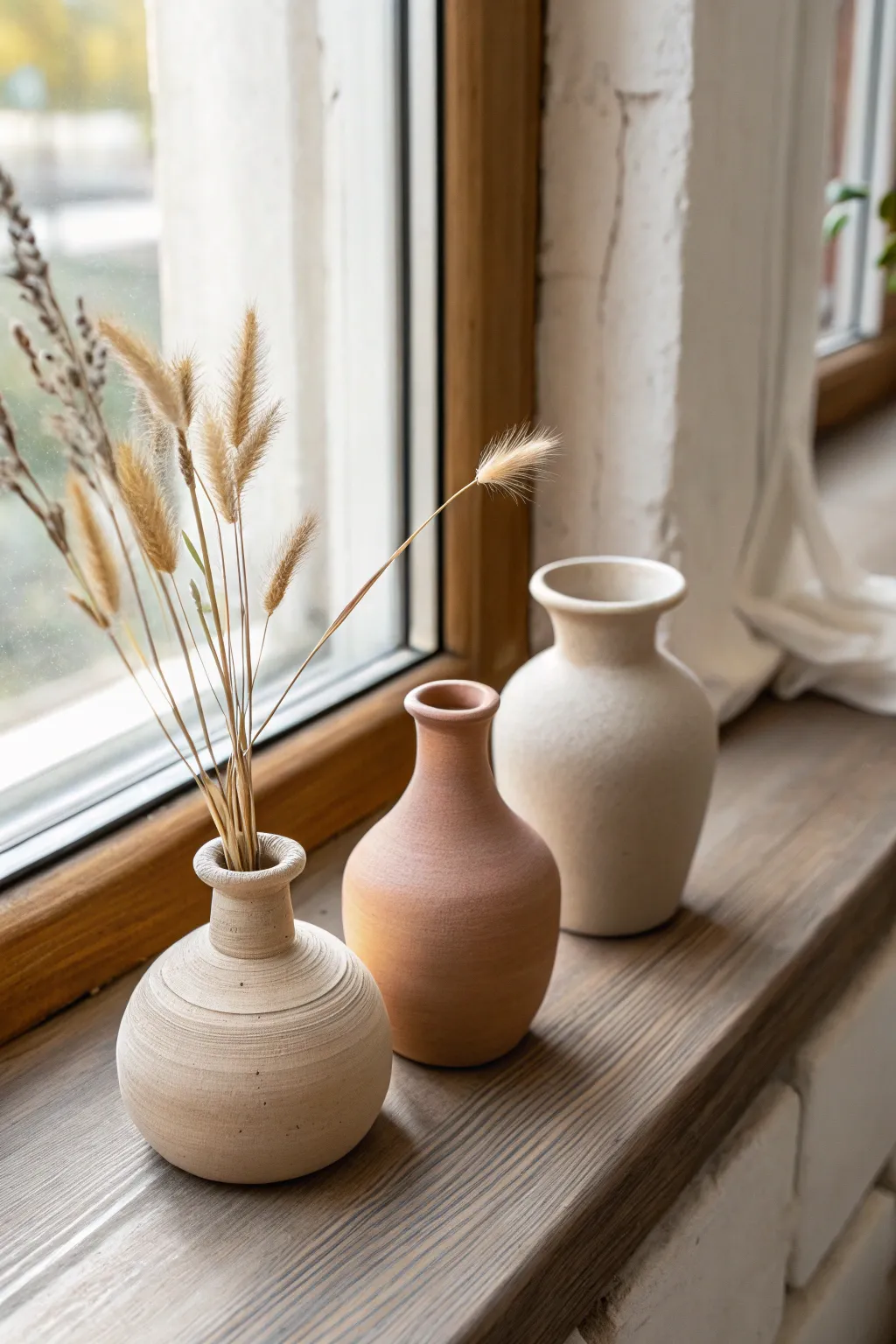 Tiny neutral bud vase trio with dried stems, simple clay charm for any windowsill.