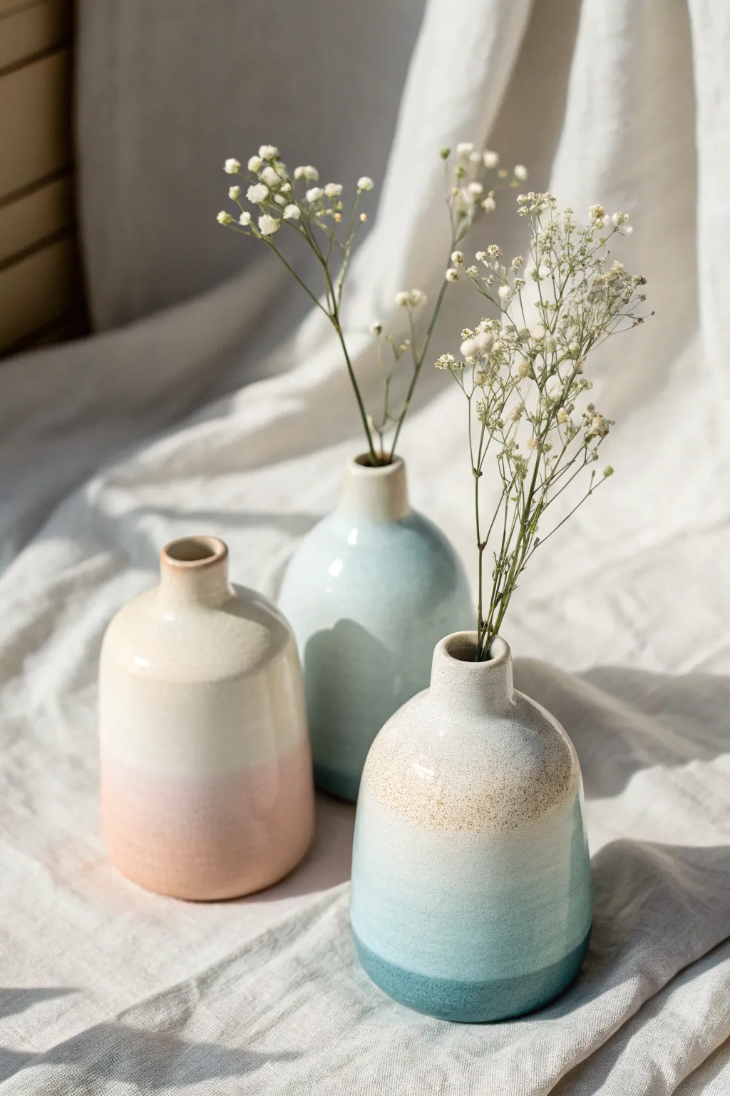 Mini ombre bud vases in soft peach and pale blue, styled simply for calm Scandinavian charm.