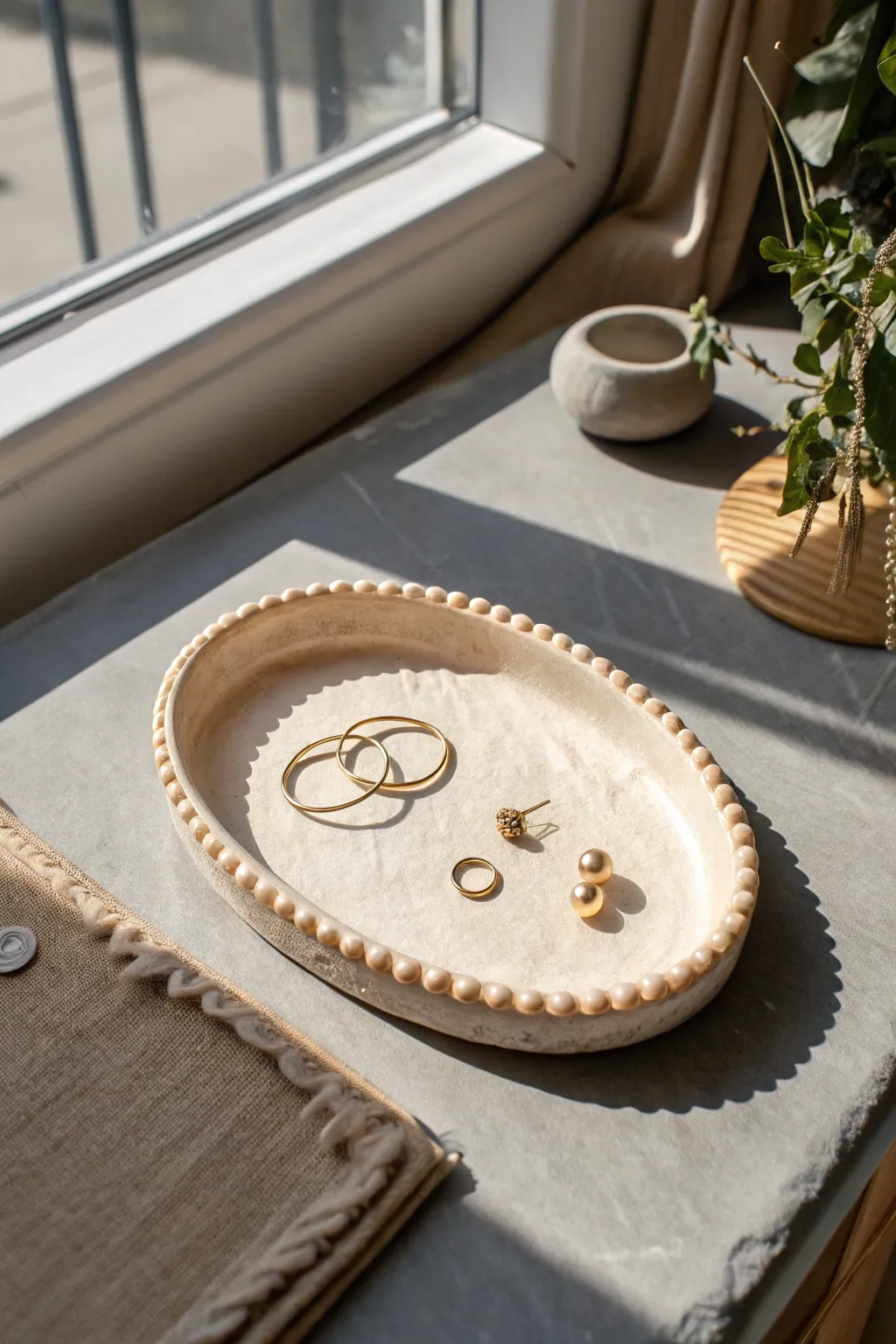 Creamy beaded-edge air-clay tray, a minimalist boho spot for earrings and pins.