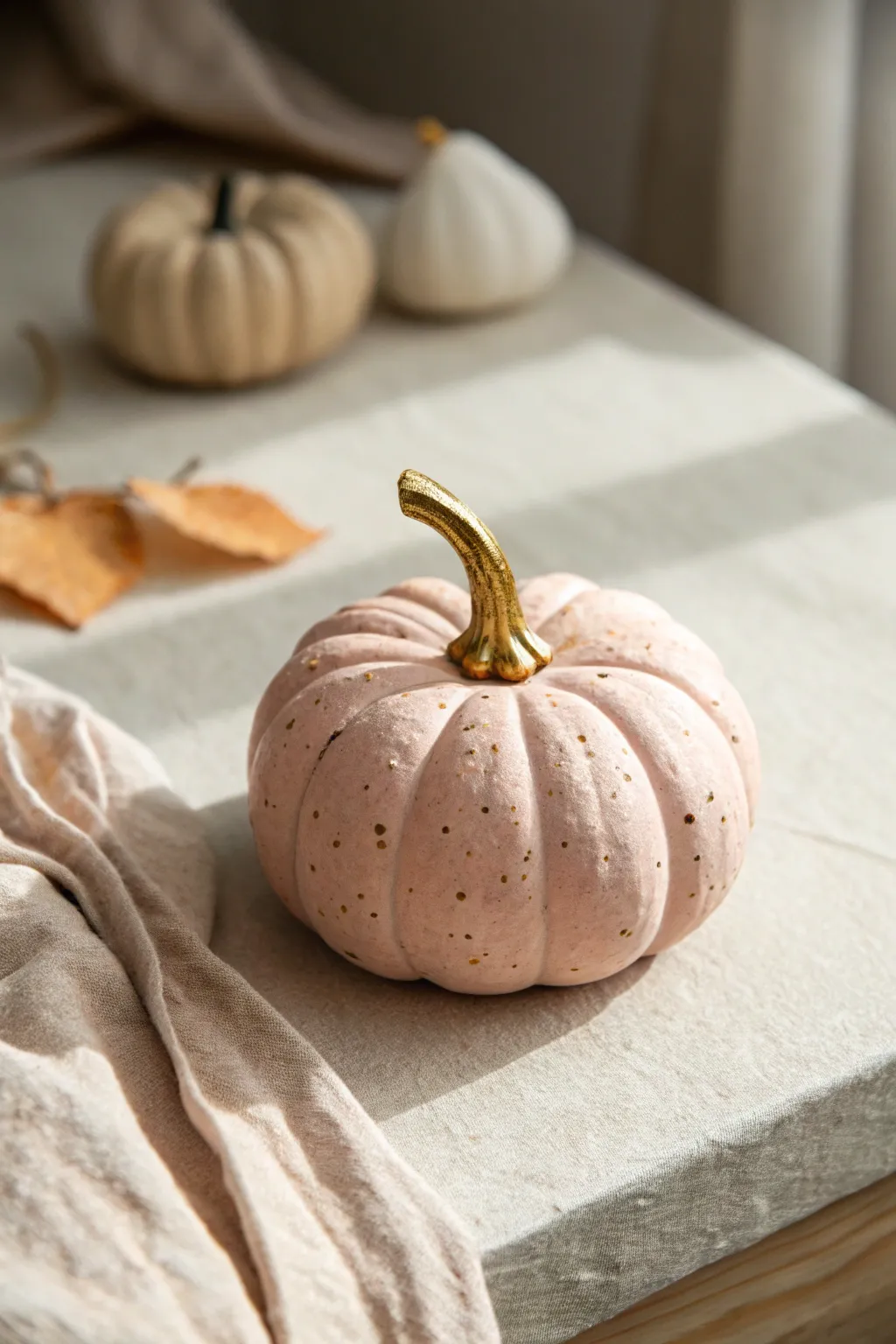 Pastel speckled air-dry clay pumpkin with a gold stem for soft minimalist Halloween decor