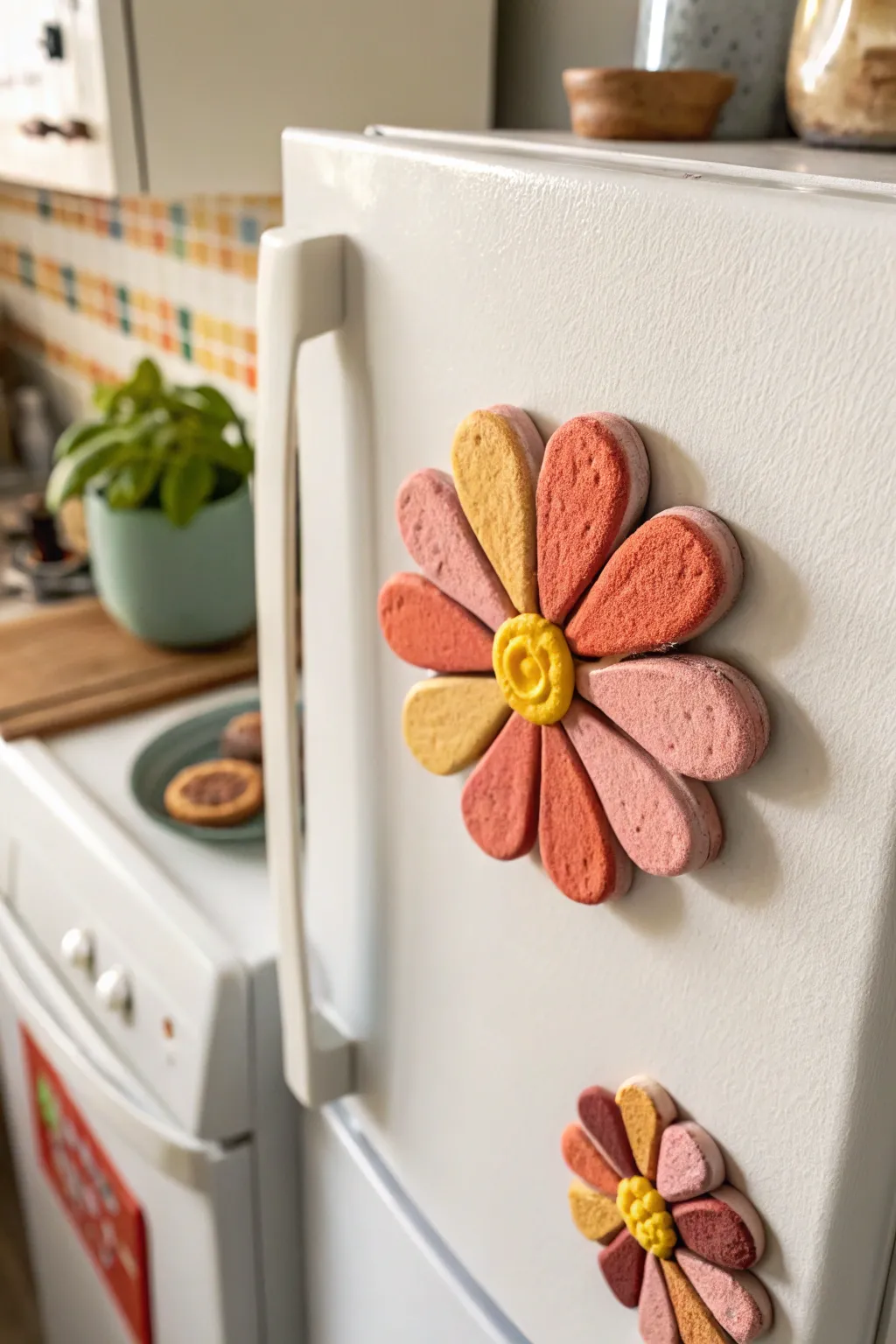 Cheerful air dry clay flower magnets in warm tones add simple Scandinavian charm to any fridge.