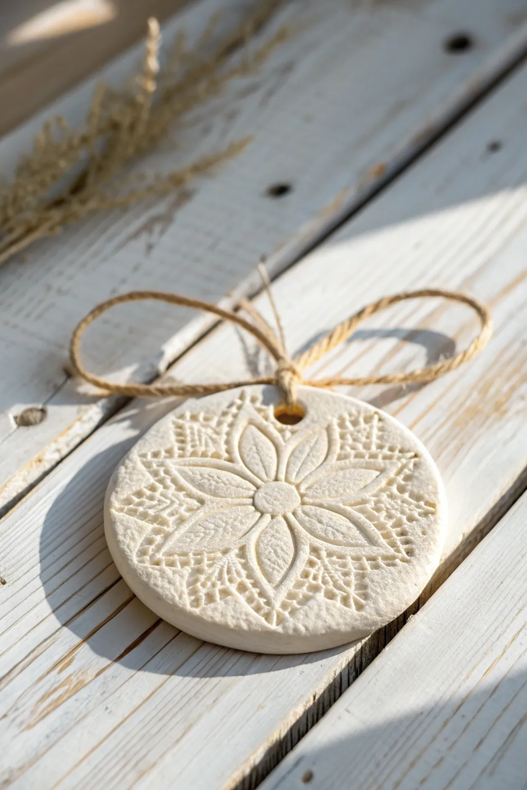 Soft matte lace-textured clay medallion on weathered wood, finished with a simple twine bow