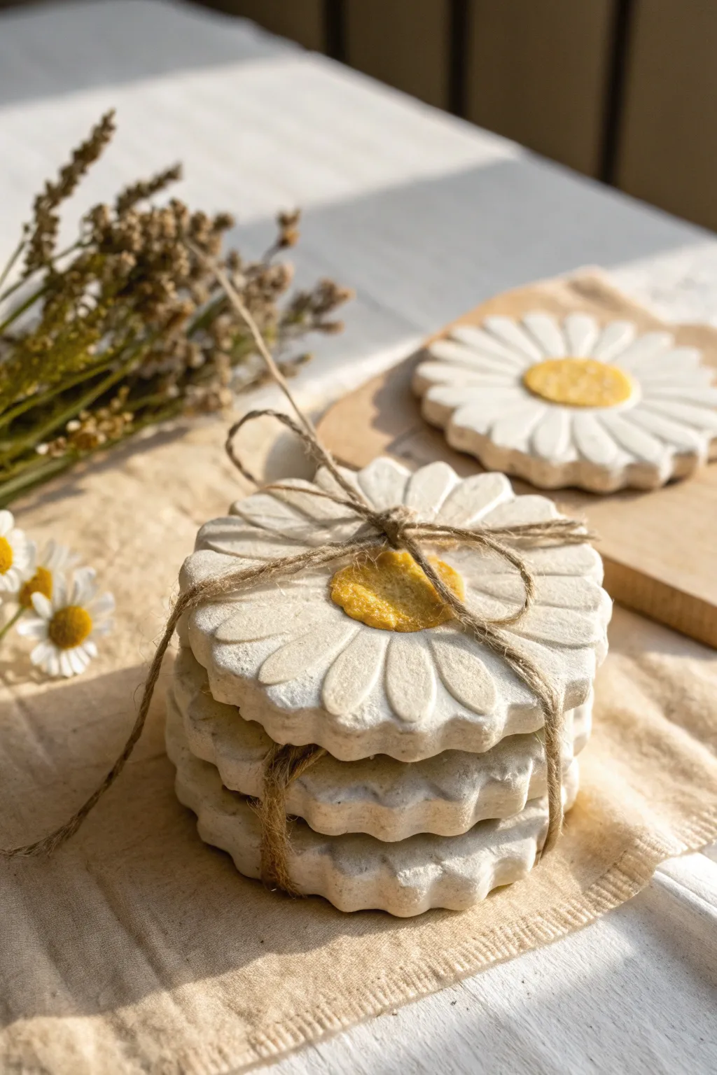 Daisy petal air dry clay coasters, tied with twine for a simple, gift-ready minimalist look.