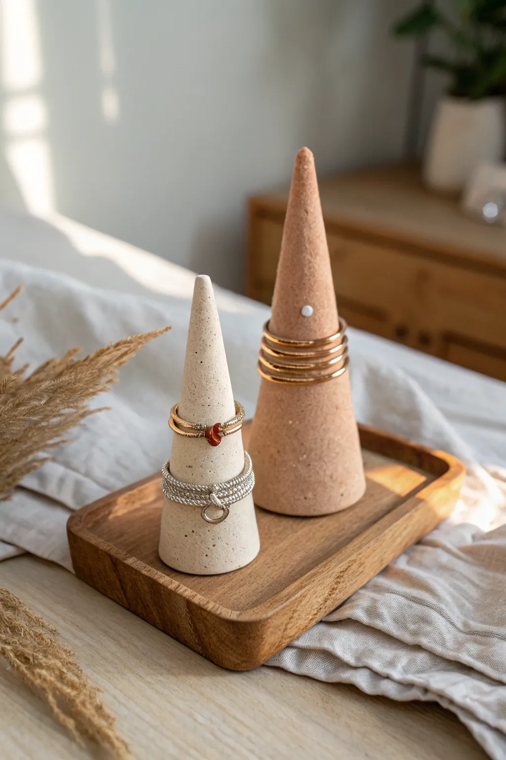 DIY air-dry clay ring cones in soft earthy tones for cozy, minimalist nightstands.