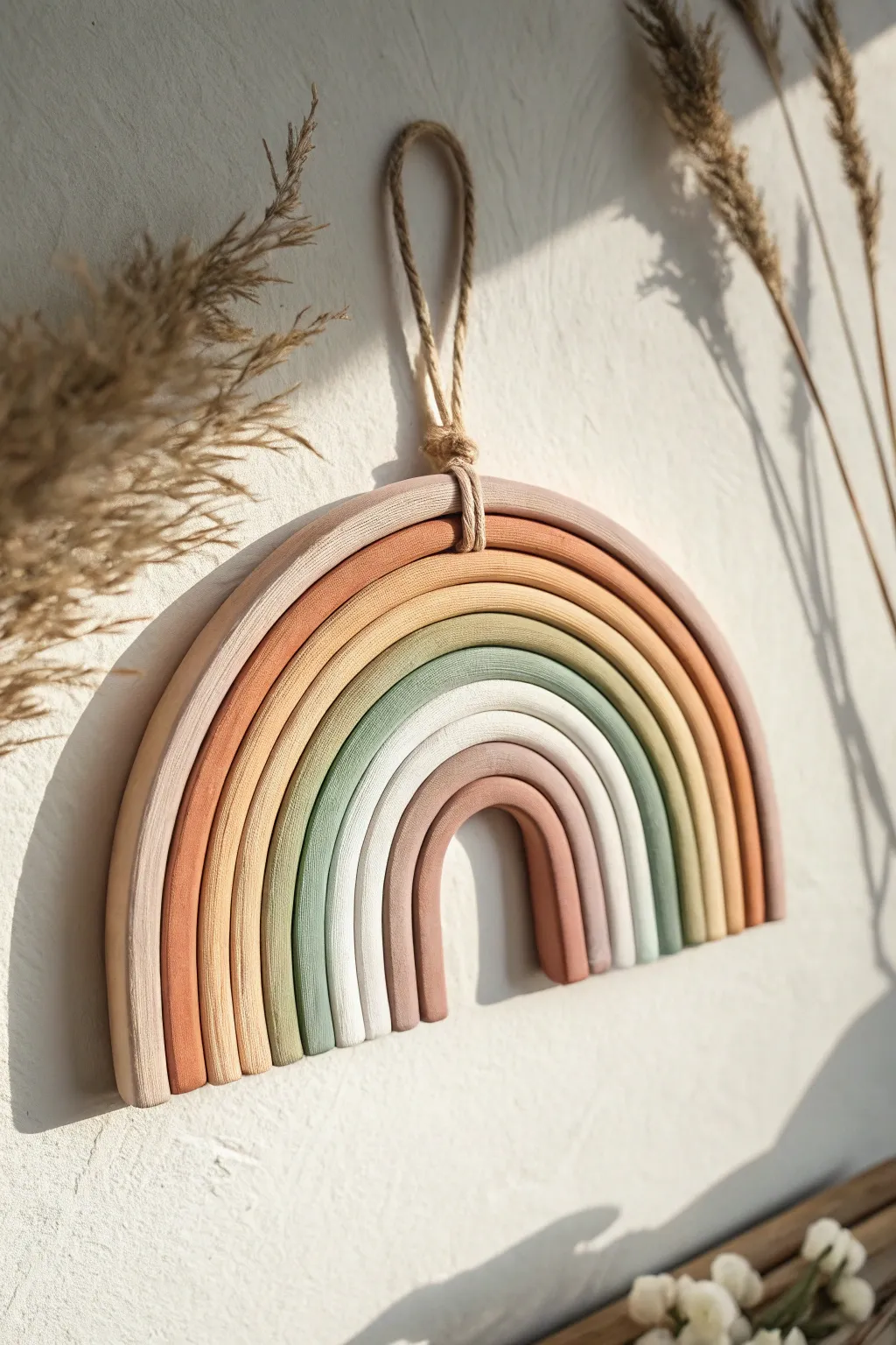 Muted air dry clay rainbow wall hanging with a clean modern arch design and soft boho warmth.