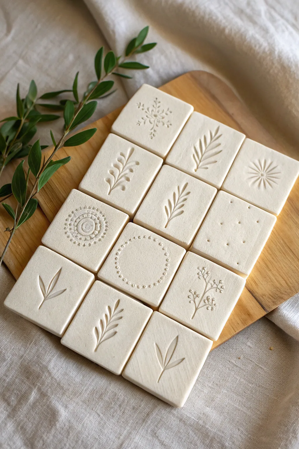 Stamped air dry clay tiles in a clean grid, simple patterns for easy minimalist wall art.