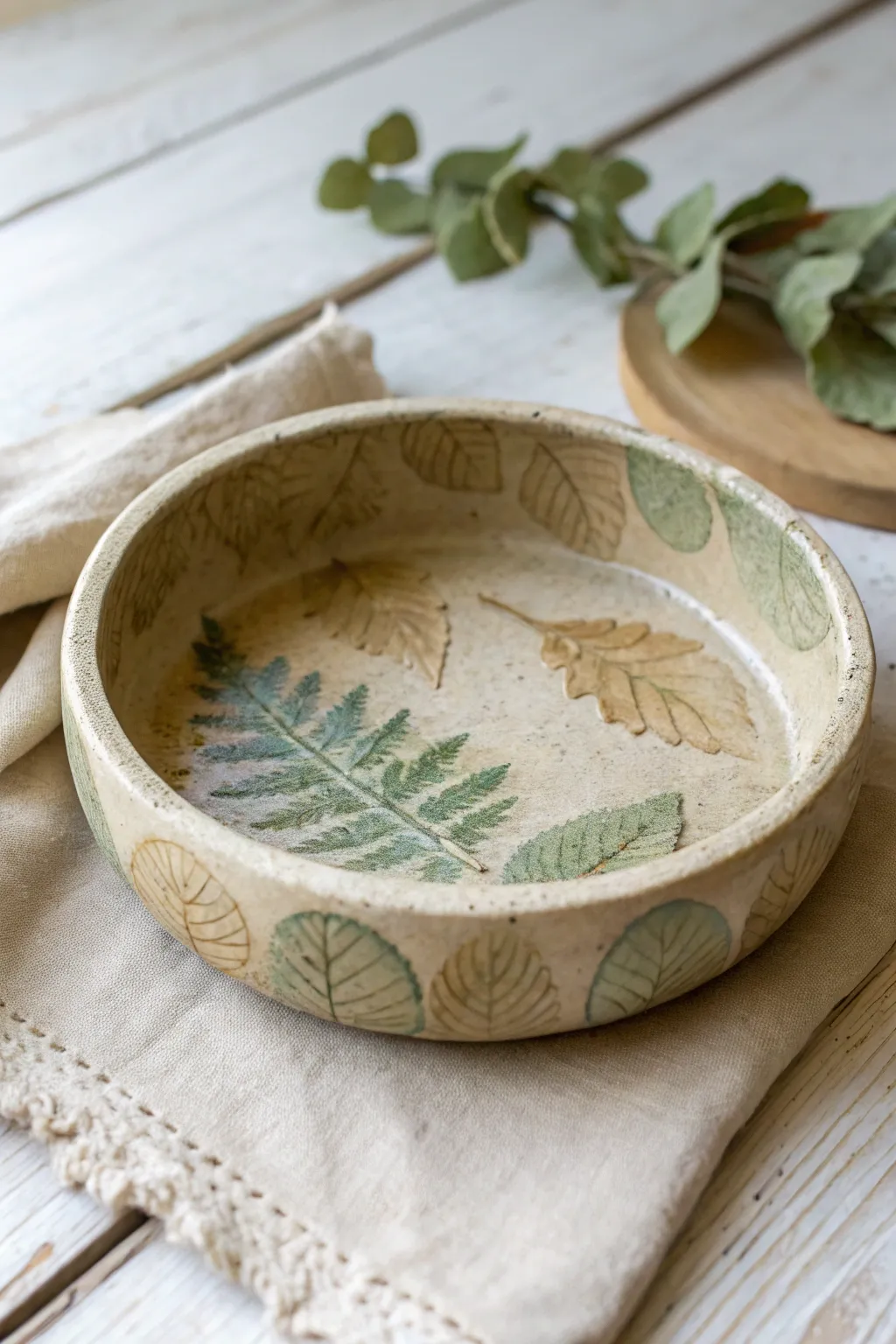 Pressed leaf textures and earthy tones turn an air dry clay ashtray into calm, natural decor