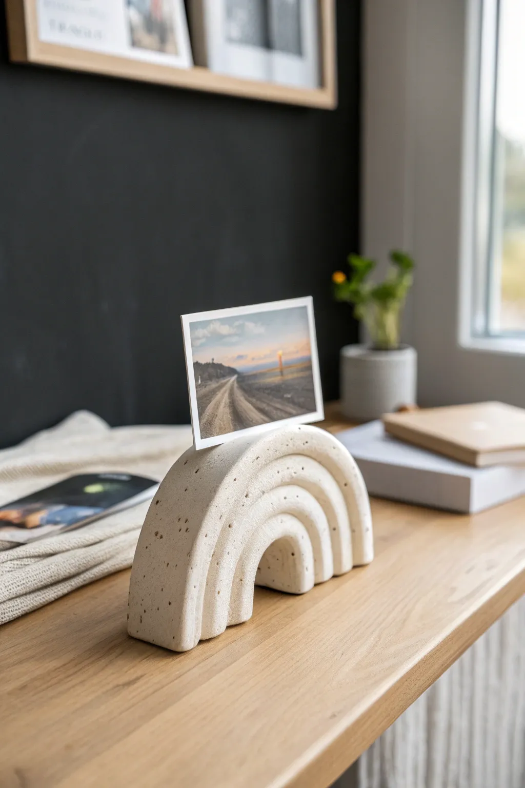 Minimal arched clay photo holder, a sweet air dry clay birthday gift with calm Nordic vibes.