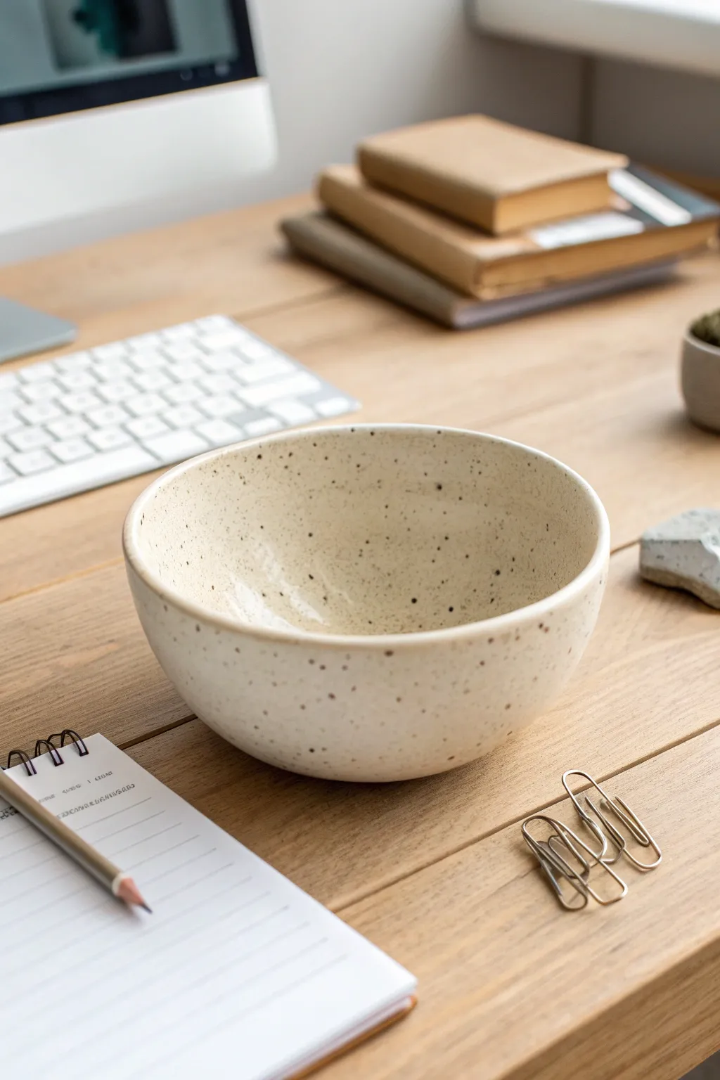 Warm speckled stoneware-look air-dry clay bowl, a chic catchall for desk essentials.