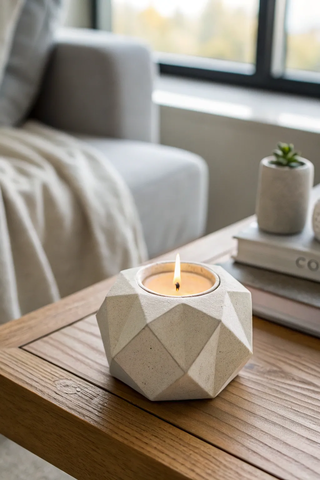 Minimal faceted air dry clay tea light holder, soft stone tone with cozy candle glow.