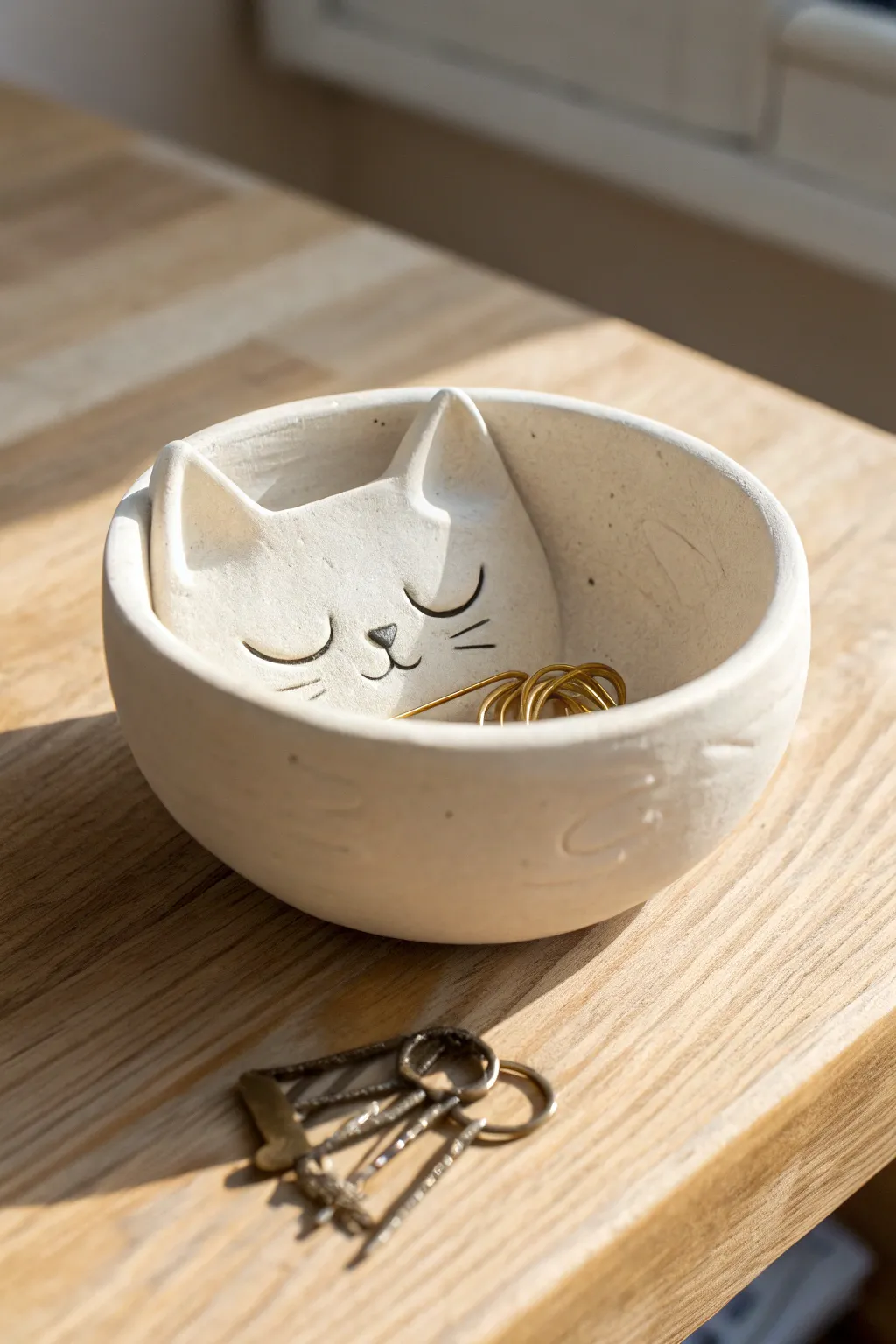Sleepy cat pocket bowl in matte clay, a cute minimalist catchall for keys and hair pins