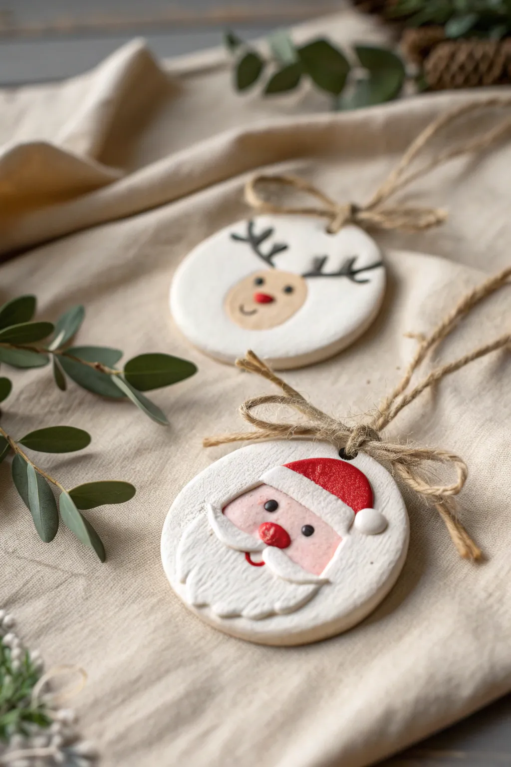 Cute air dry clay Santa and reindeer face ornaments in soft neutrals, perfect DIY Christmas gifts