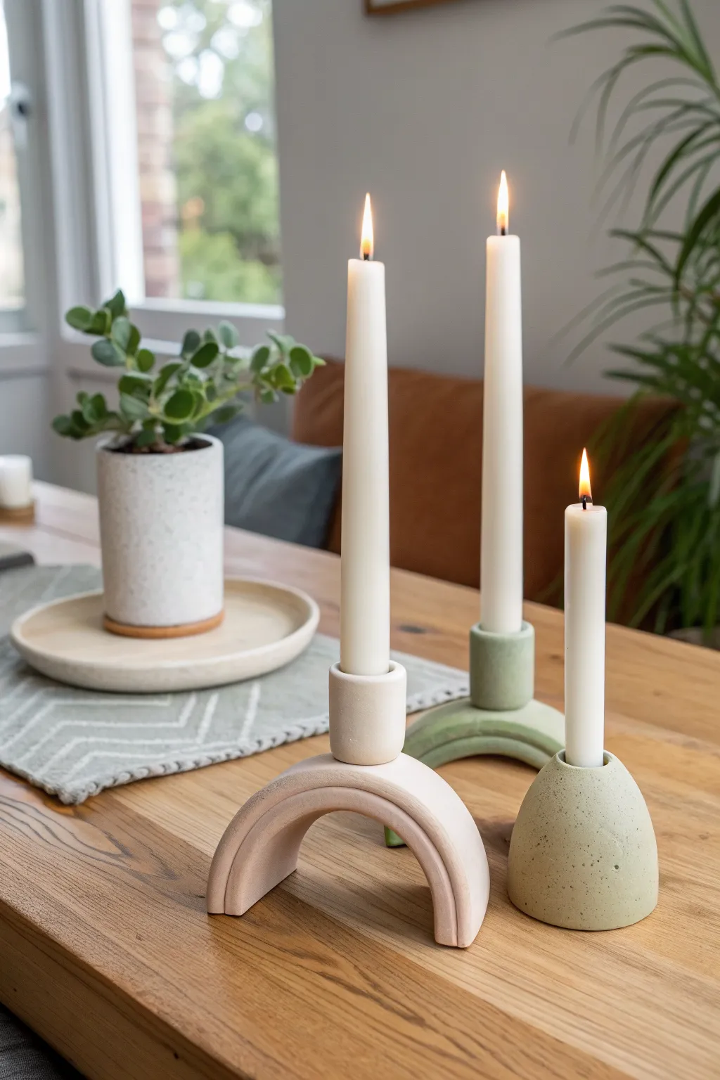Minimalist air dry clay taper holder trio in calming tones, perfect for a cozy modern shelf