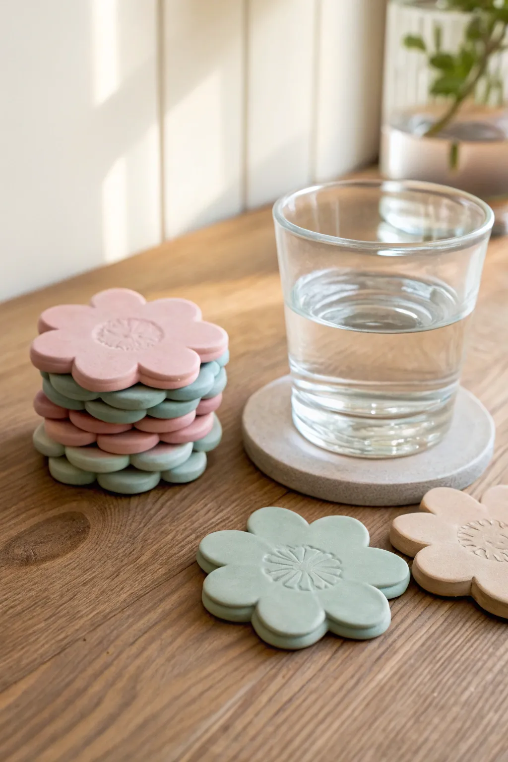 Muted pastel flower coasters in air dry clay, minimal stack with a simple glass for scale.