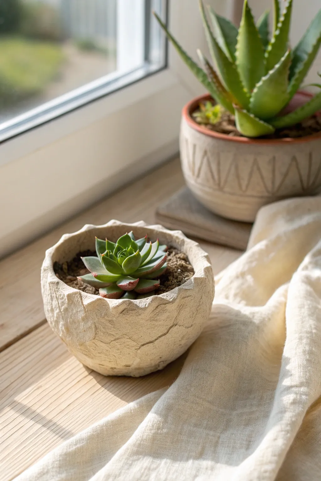 Chunky pinch pot air dry clay planter with a tiny succulent, styled in bright minimalist window light.
