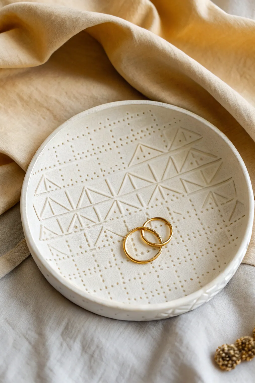 Stamped geometric air dry clay dish with a clean minimalist look and a sweet ring stack detail