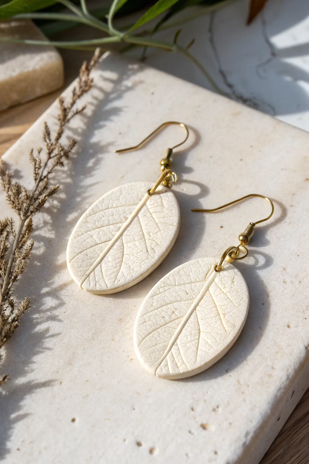 Oval air dry clay earrings with leafy imprints, softly highlighted on a pale stone tile.