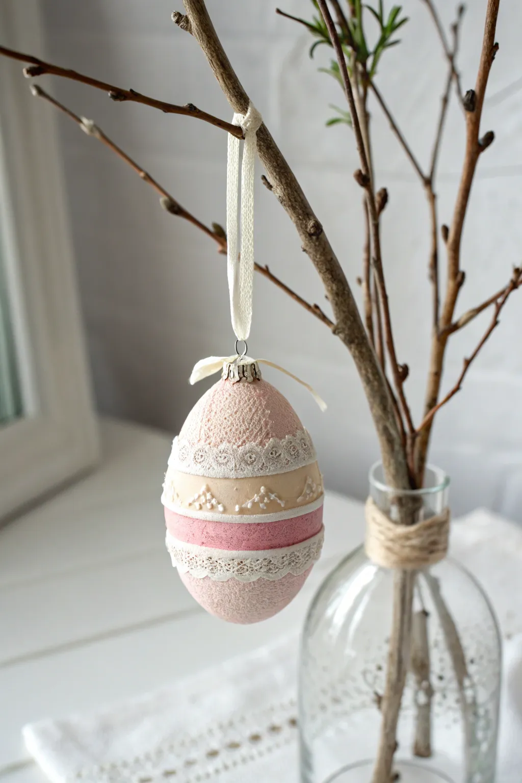 Pastel air dry clay egg ornament with lace imprint, minimal spring styling on a branch