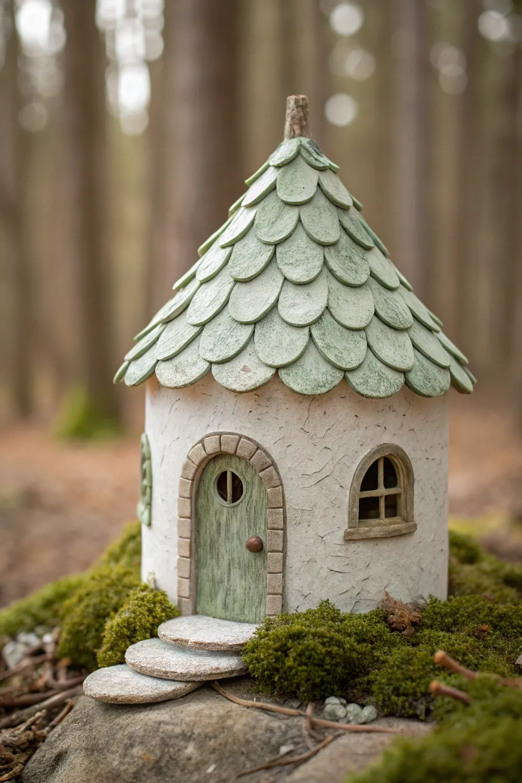Leaf-shingle roof fairy house in soft sage tones, styled on moss and stones for woodland charm