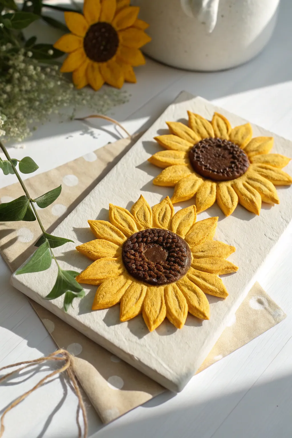 Sunny air-dry clay sunflower duo with textured centers in clean Scandinavian minimalist styling