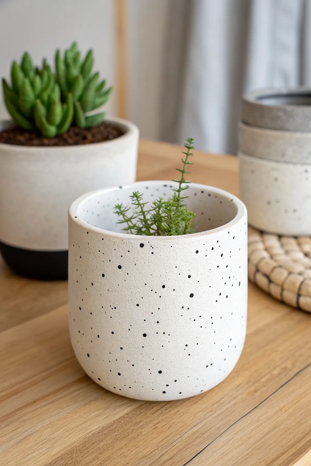 Speckled stoneware-look air dry clay planter, minimalist and warm with soft boho styling