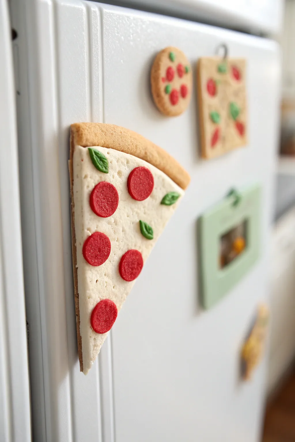 Minimalist air-dry clay pizza slice magnet, a playful snack-wall detail with cozy Scandi charm.