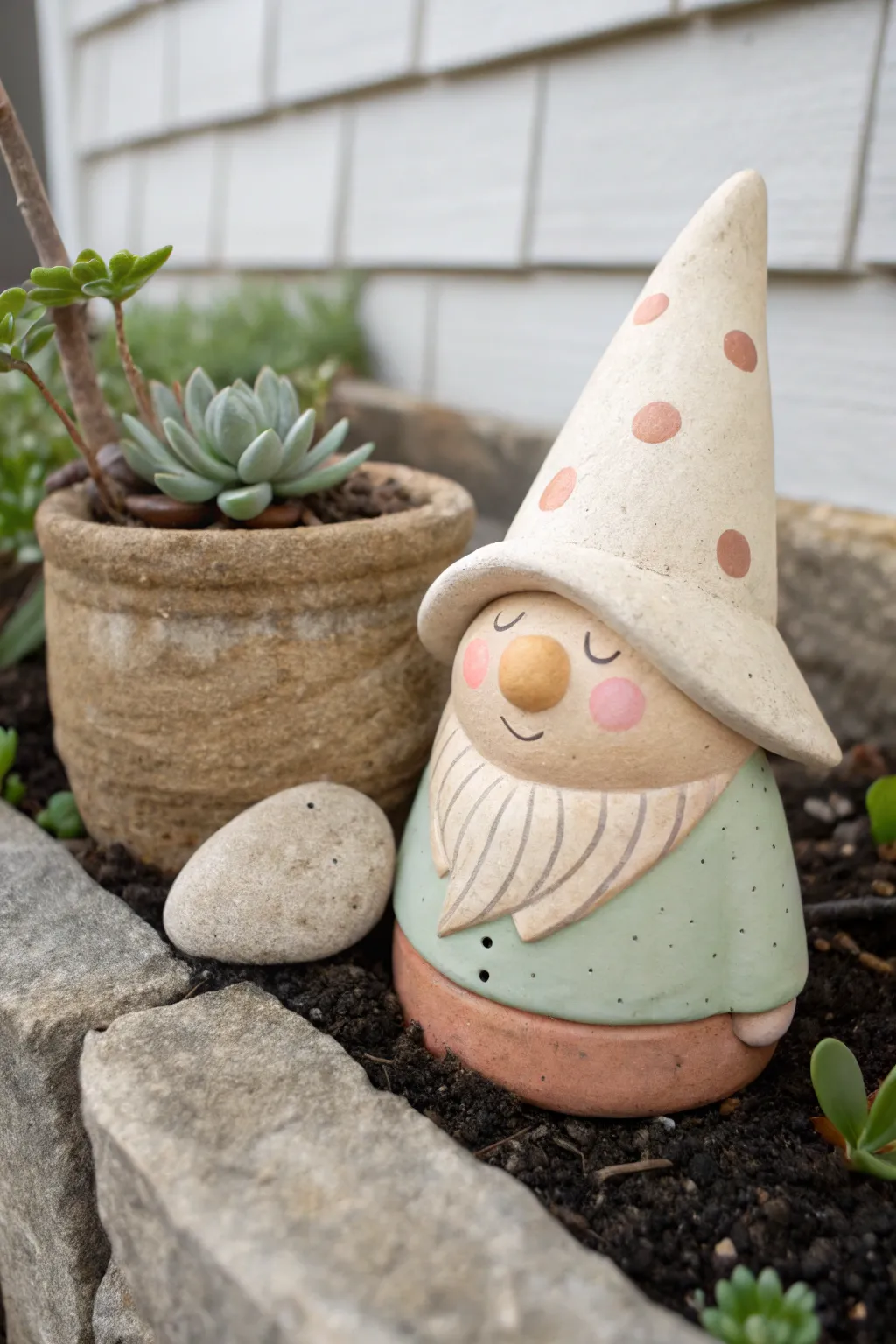 A chunky air dry clay gnome guardian that adds simple handmade charm to garden corners