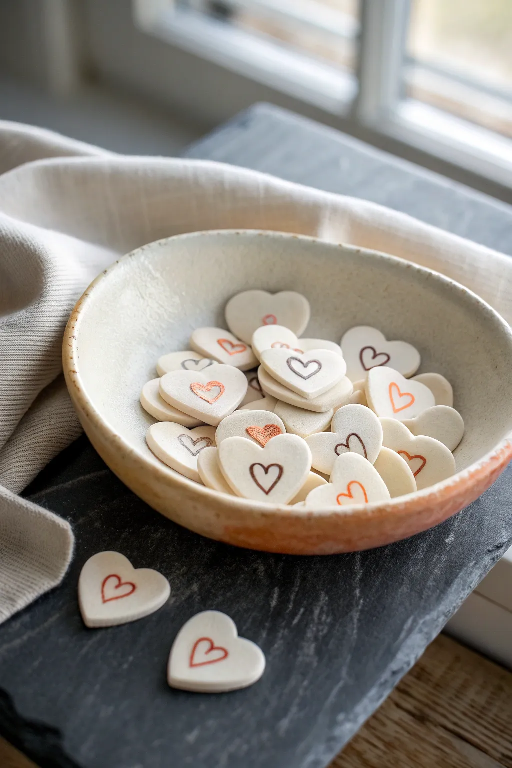 Minimal clay token hearts in a handmade dish, soft neutrals with a subtle boho touch