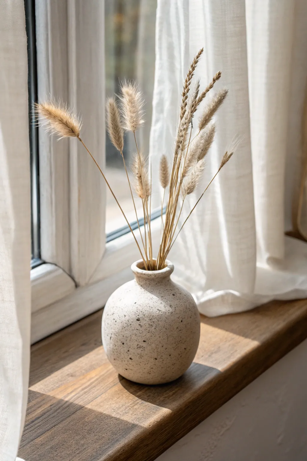 Simple air dry clay mini bud vase with dried stems, a calm Scandinavian boho gift idea