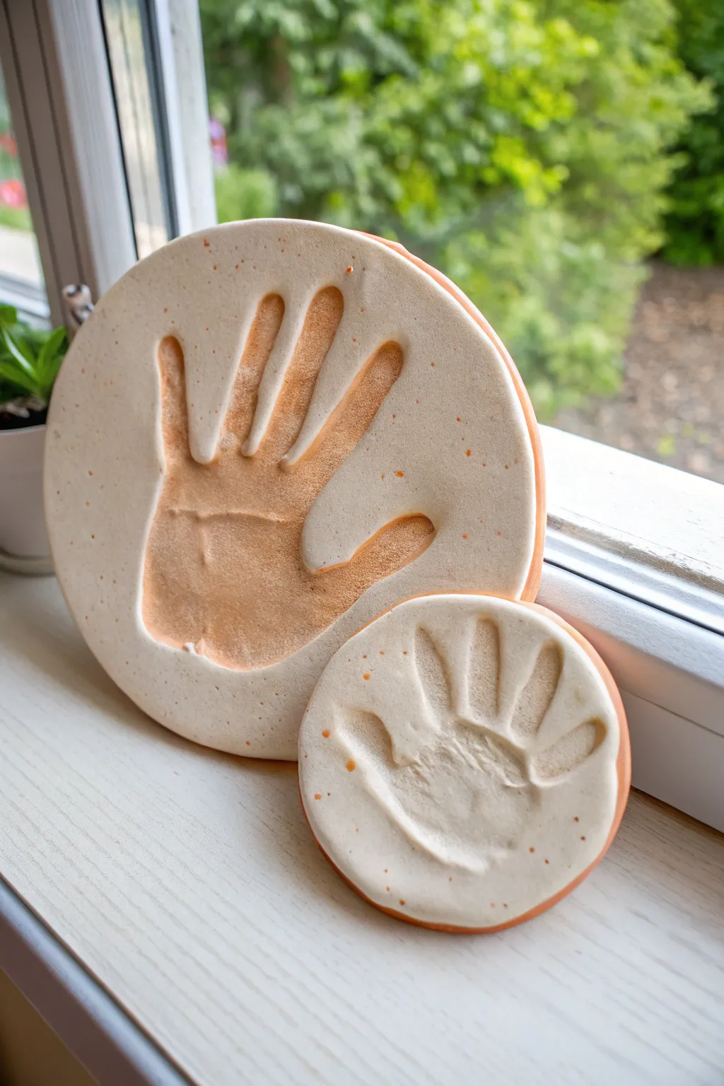 Layered parent and child handprints on a minimalist air dry clay plaque in soft neutral tones.