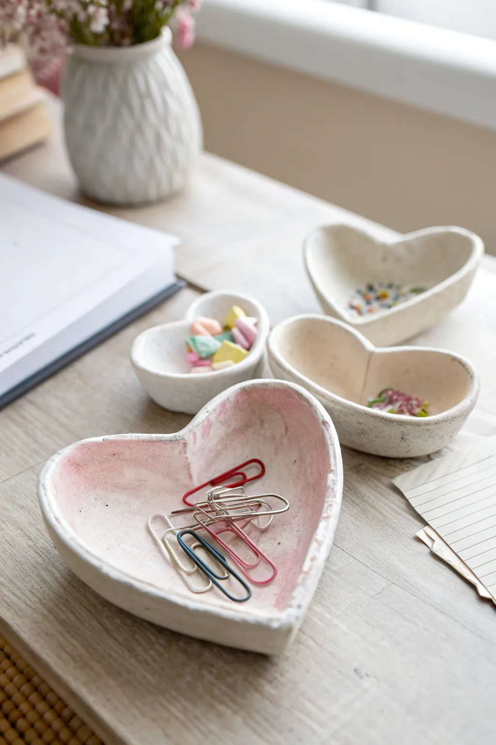Tiny air dry clay heart bowls keep desk bits pretty and organized in a calm studio vibe.
