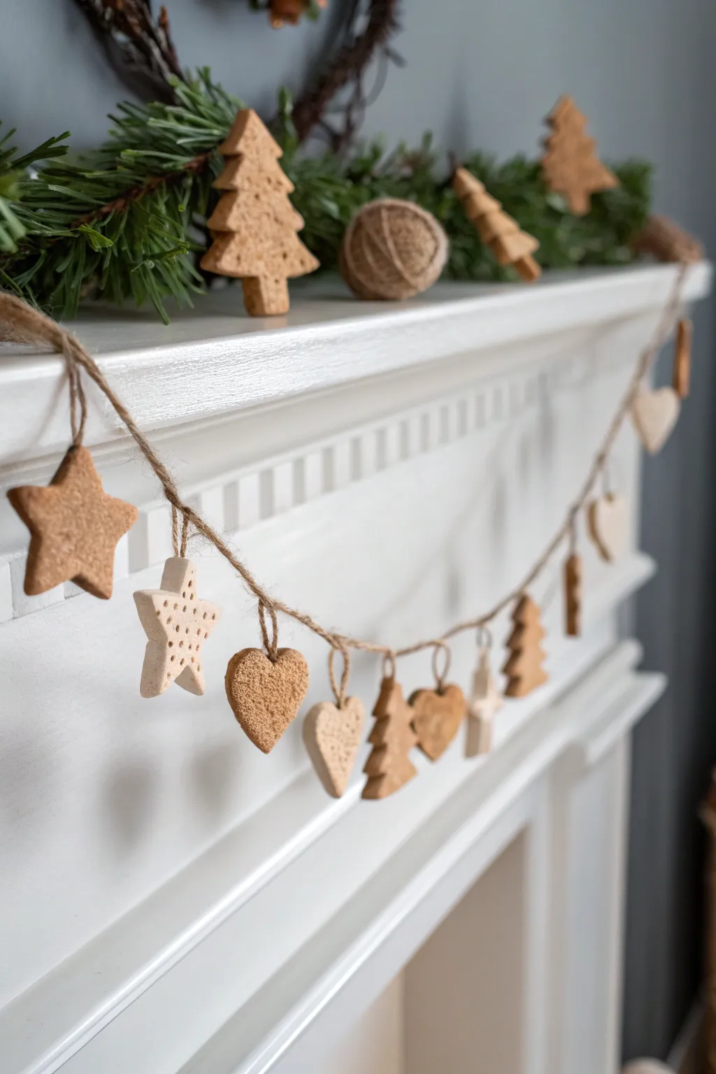 Minimal air dry clay cookie garland for a cozy Scandinavian holiday mantel look decor