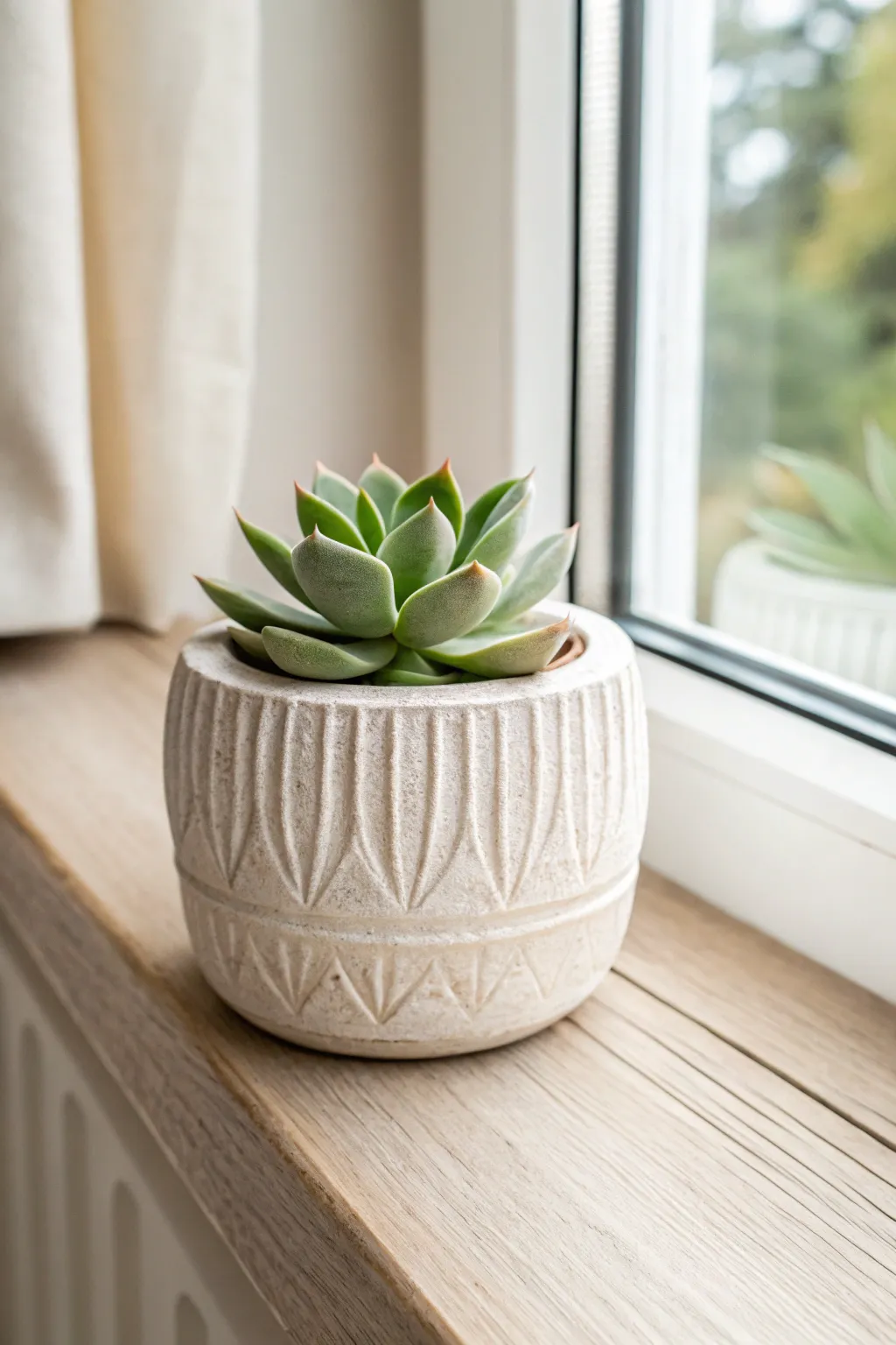 Textured air dry clay planter with a crisp matte finish, styled with a succulent in sunlit minimal decor.