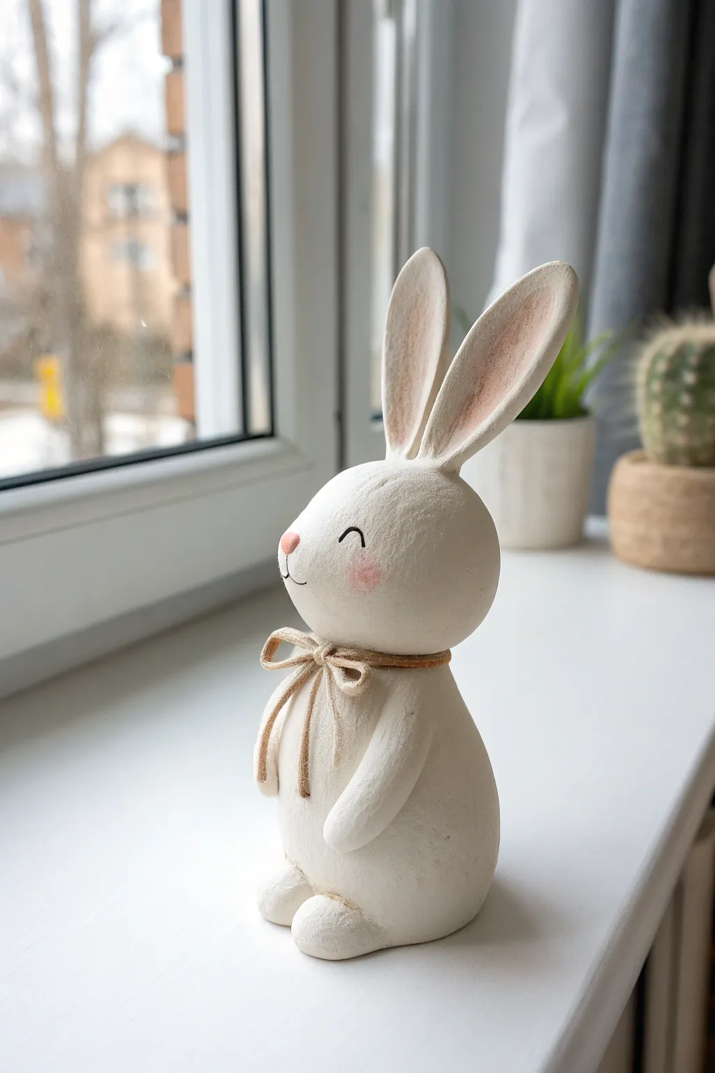 Tiny air dry clay bunny buddy with blush and bow, perfect for a cozy minimalist desk aesthetic