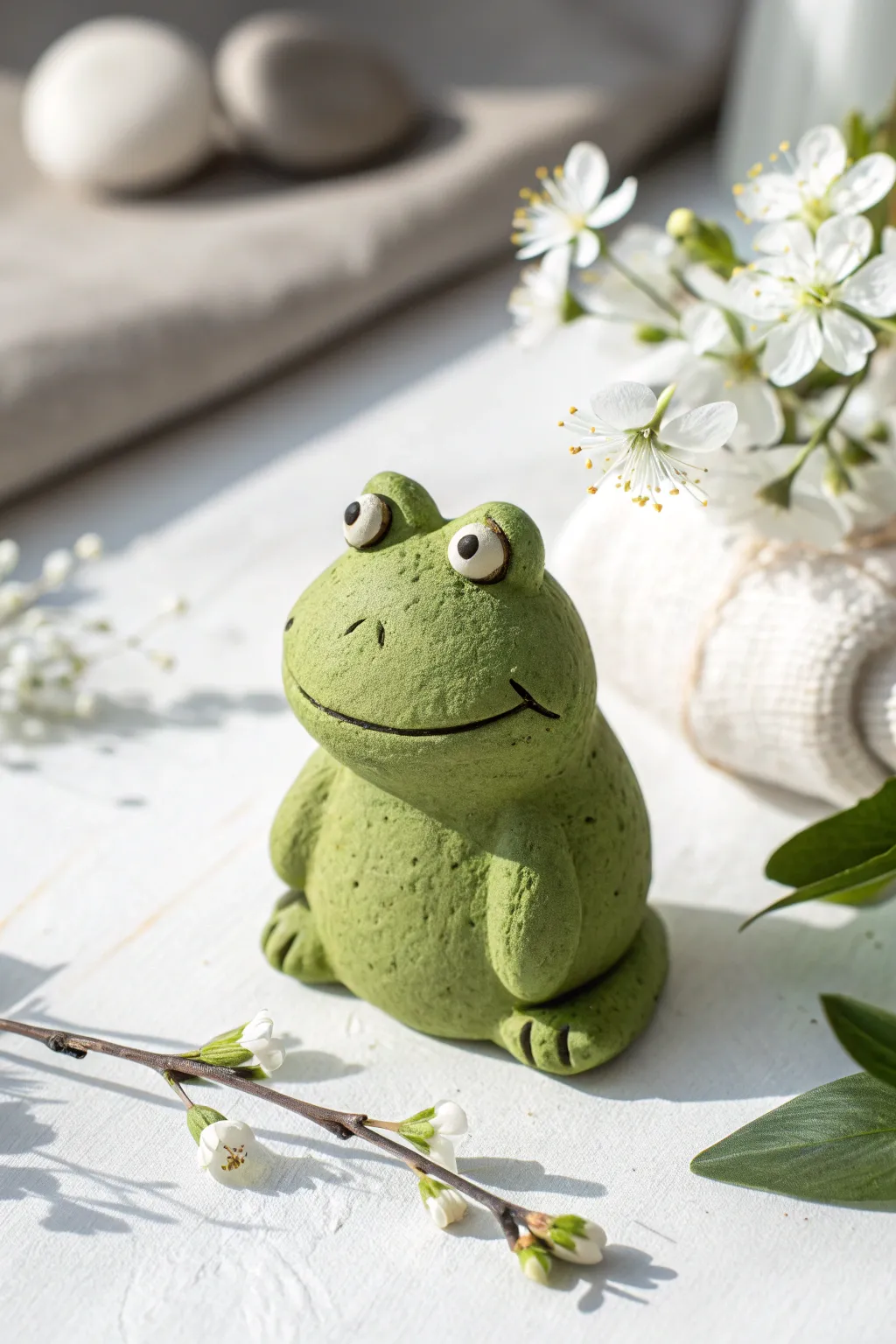 Bright green clay frog made from two simple balls, styled minimal on a crisp white background