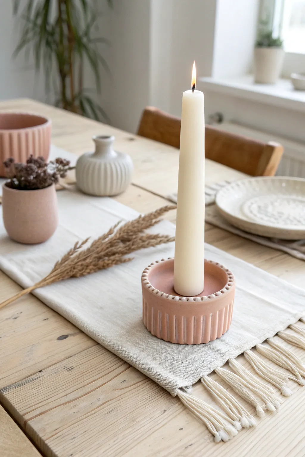 Chunky air dry clay candle holder in soft tones for cozy minimalist, boho-inspired table styling