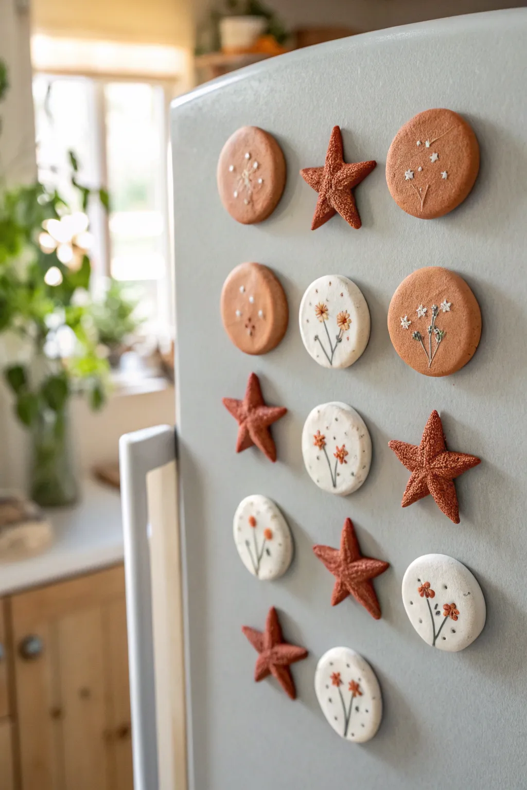 Date-night clay win: tiny themed magnets in two styles, sweet and minimalist on your fridge.