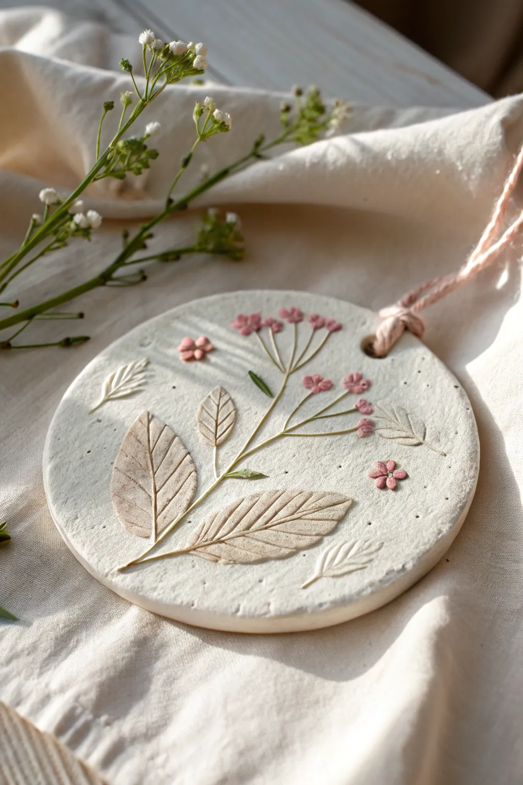 Beginner-friendly leaf and flower imprint medallion in air-dry clay, perfect for kids to make.