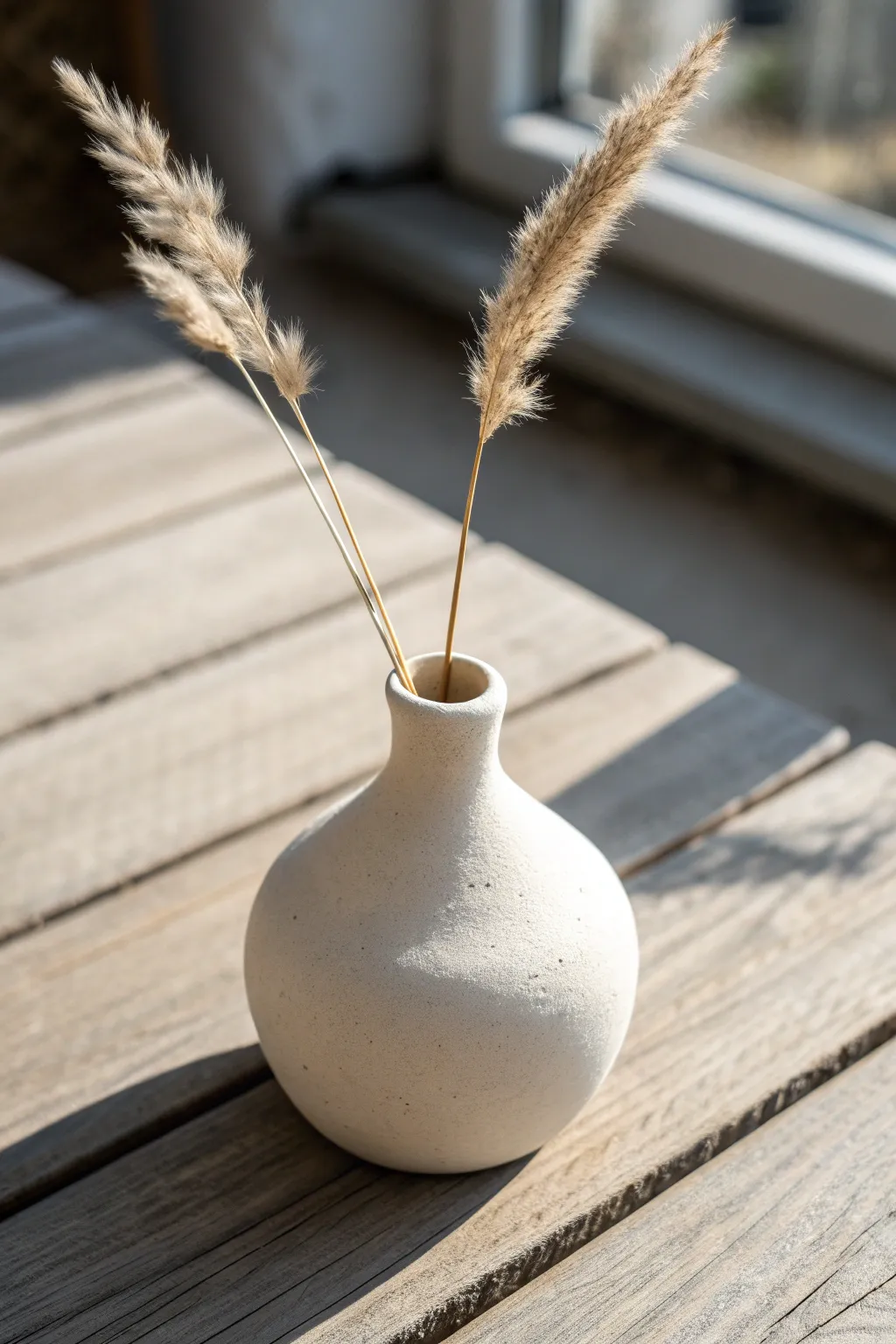 Minimal air dry clay bud vase with one dried stem, soft daylight and calm Scandinavian style